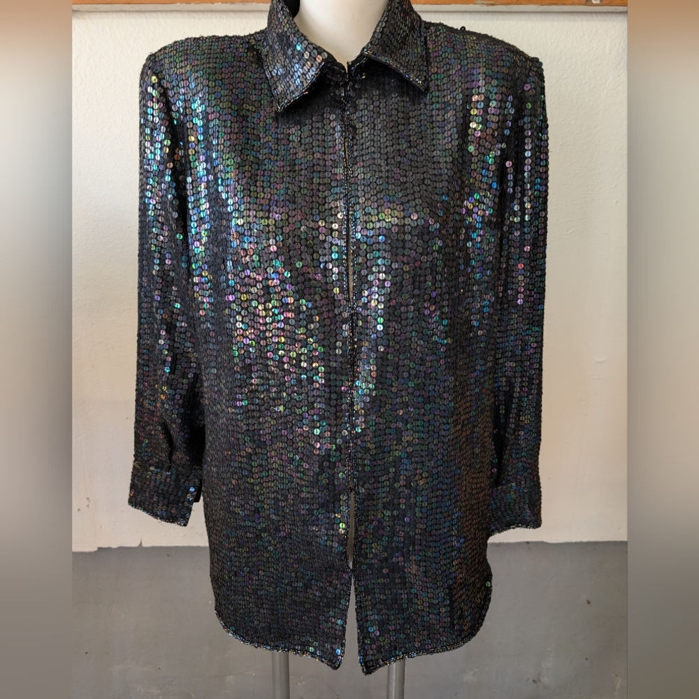 Vintage Button-Up Skacket Sequin Shoulder Pads 1980s Style Size L